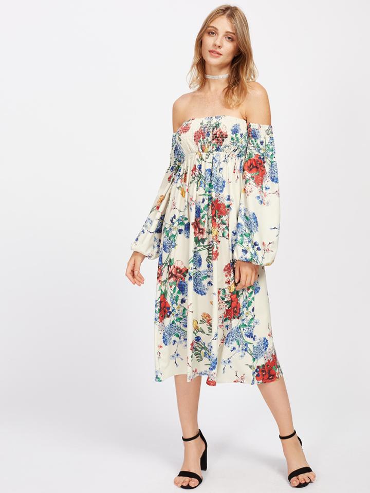 Shein Bardot Floral Backless Shirred Dress