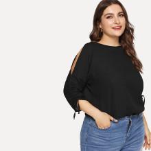 Shein Plus Slit Drawstring Sleeve Solid Blouse