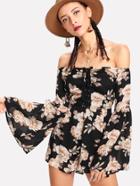 Shein Eyelet Lace Up Off Shoulder Floral Romper