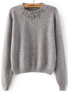 Shein Grey Round Neck Long Sleeve Beaded Knit Sweater