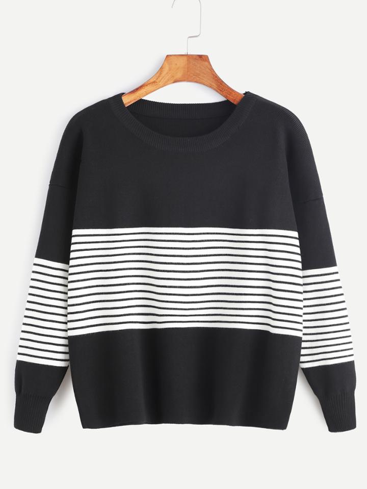 Shein Contrast Striped Trim Drop Shoulder Sweater