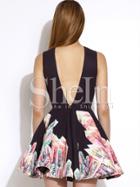 Shein Black Sleeveless Floral Print Patterns Flare Dress