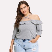 Shein Plus Crisscross Neck Heather Knit Ruffle Tee