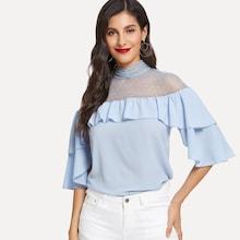 Shein Mesh Insert Keyhole Back Flounce Blouse