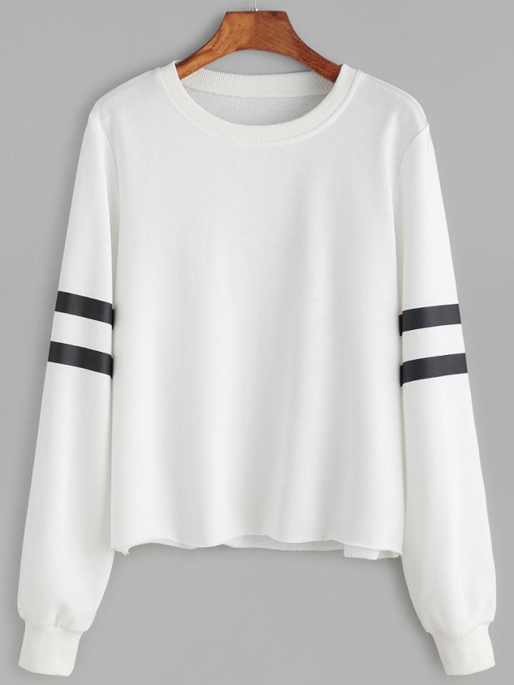 Shein White Striped Sleeve Raw Hem Sweatshirt