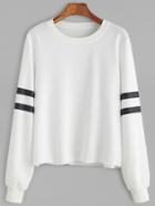 Shein White Striped Sleeve Raw Hem Sweatshirt