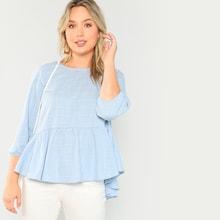 Shein Plus Raglan Sleeve Ruffle Hem Grid Top
