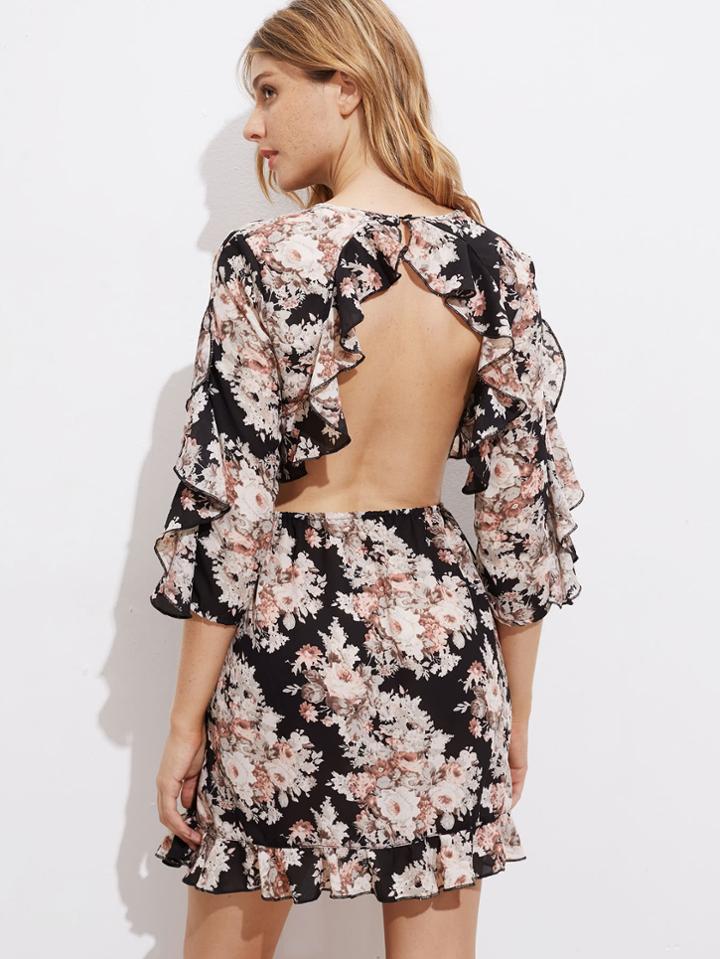 Shein Open Back Ruffle Trim Floral Dress