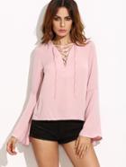 Shein Pink V Neck Lace Up Bell Sleeve Blouse