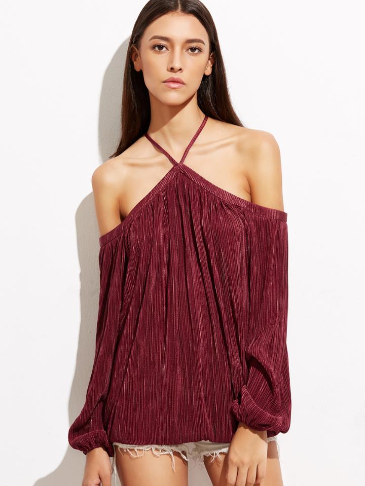 Shein Burgundy Crisscross Cold Shoulder Pleated Top