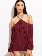 Shein Burgundy Crisscross Cold Shoulder Pleated Top
