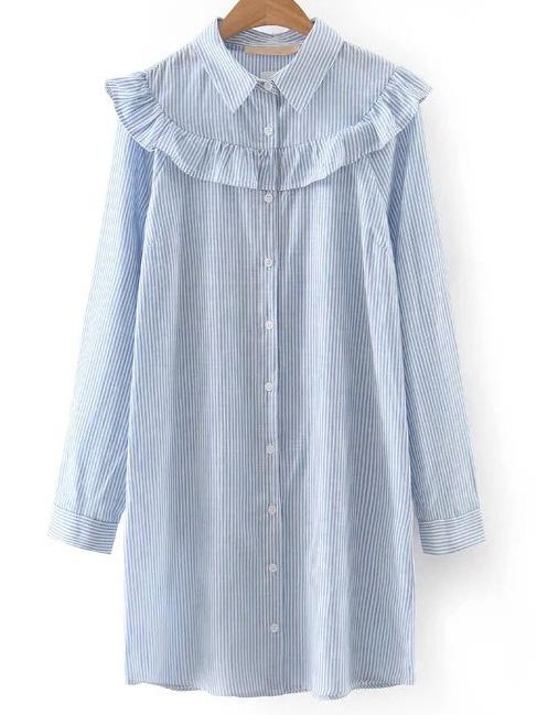 Shein Blue Lapel Stripe Ruffle Button Blouse