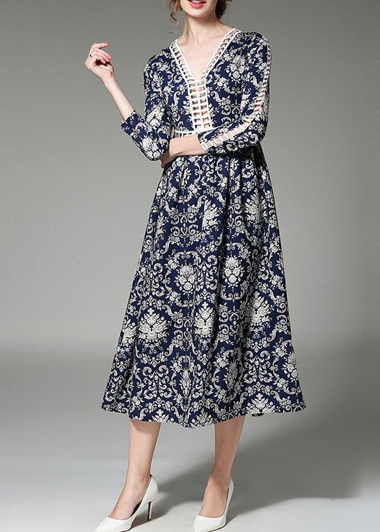 Shein Navy V Neck Mesh Print A-line Dress
