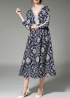 Shein Navy V Neck Mesh Print A-line Dress