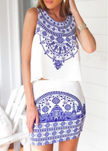 Rosewe Sleeveless Porcelain Print Top And Skirt