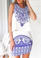 Rosewe Sleeveless Porcelain Print Top And Skirt