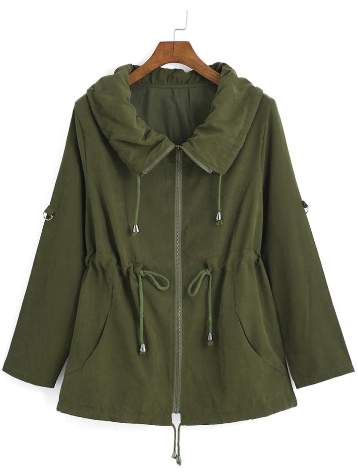 Shein Lapel With Zipper Green Coat