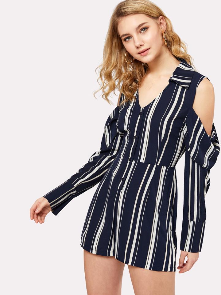 Shein Half Placket Cold Shoulder Striped Shirt Romper