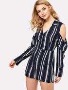 Shein Half Placket Cold Shoulder Striped Shirt Romper