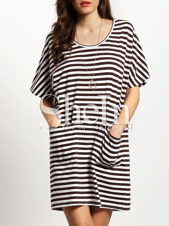 Shein White Brown Striped Pockets Dress