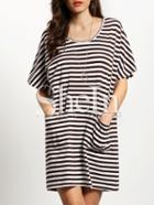 Shein White Brown Striped Pockets Dress