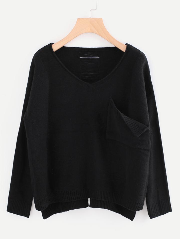 Shein Laddering Slit Back Pocket Stepped Hem Jumper