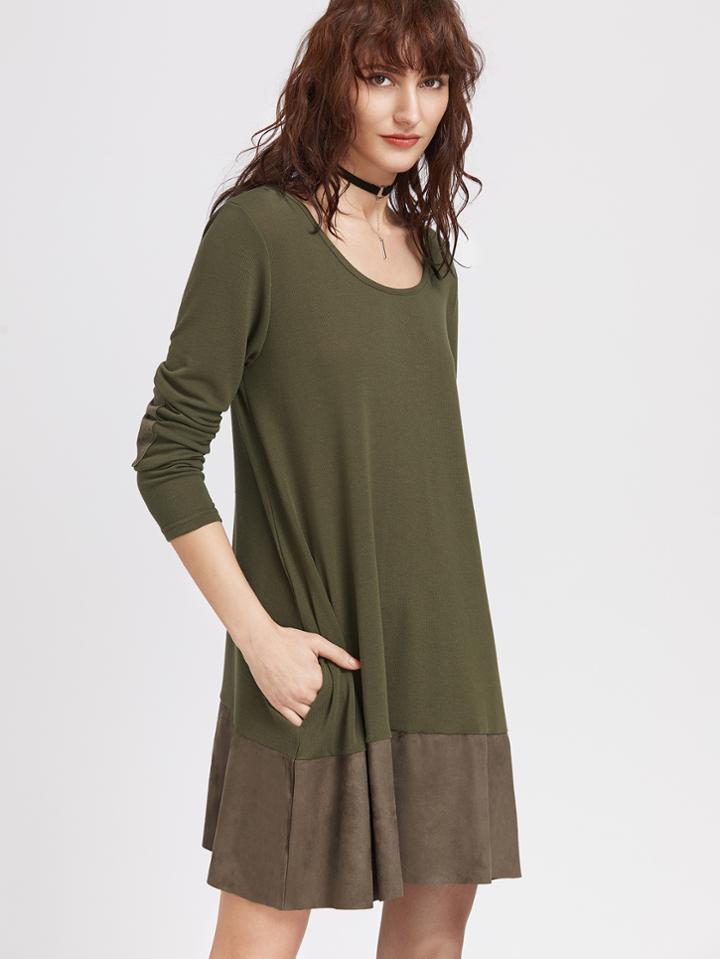 Shein Army Green Elbow Patch Contrast Hem Tee Dress