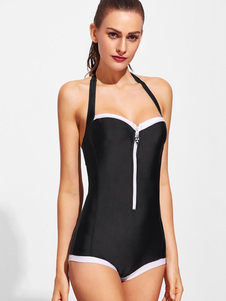 Shein Black Contrast Panel Zipper Front One-piece Swimwear