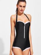 Shein Black Contrast Panel Zipper Front One-piece Swimwear