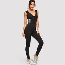 Shein Zip Plunge Neck Leopard Panel Hooded Unitard Jumpsuit