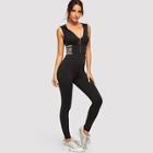 Shein Zip Plunge Neck Leopard Panel Hooded Unitard Jumpsuit