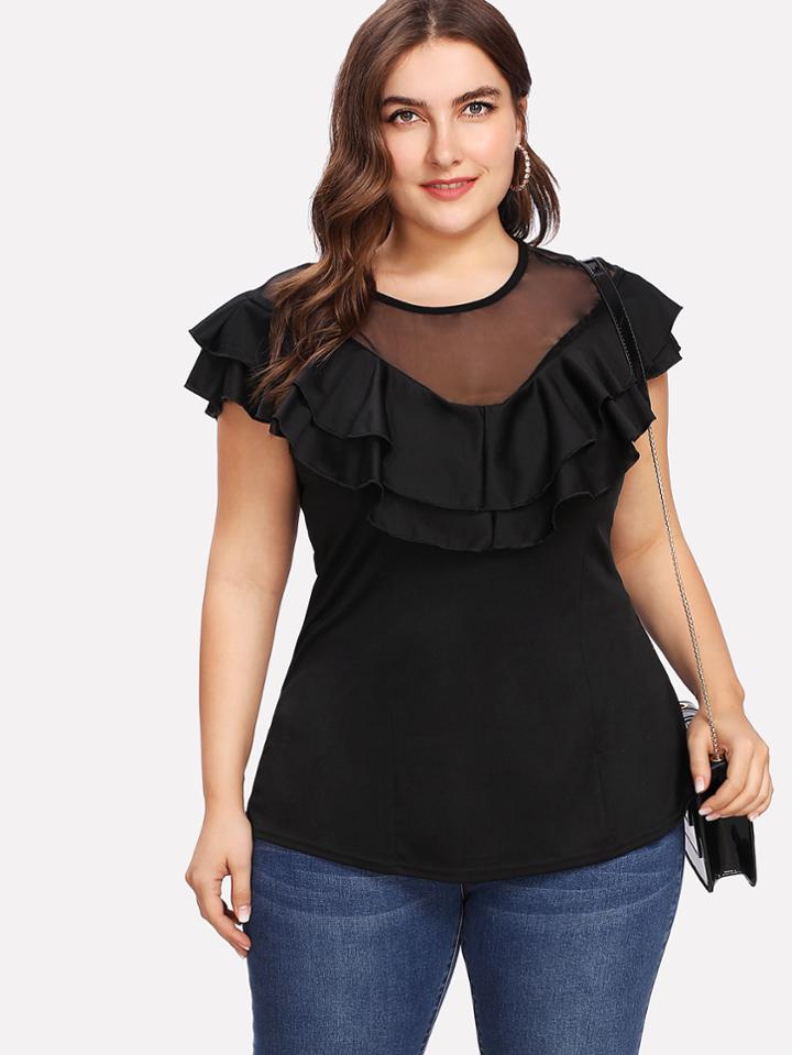 Shein Mesh Panel Tiered Trim Tee