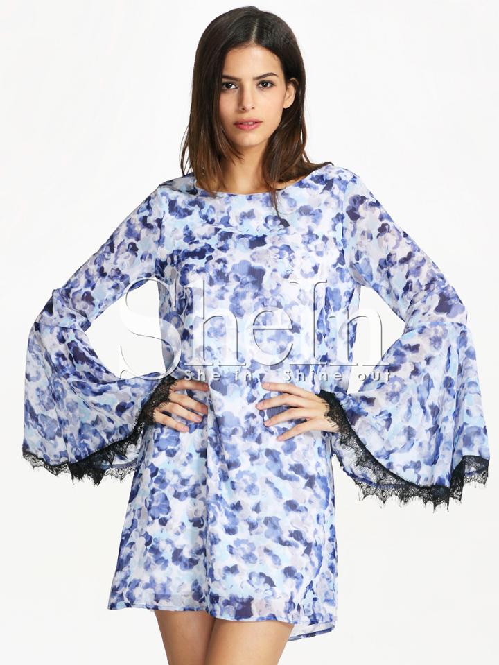 Shein Blue Long Sleeve Vintage Print Dress