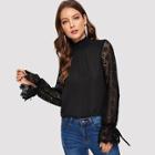 Shein Shirred Neck Lace Sleeve Solid Blouse