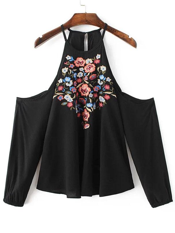 Shein Black Flower Embroidered Open Shoulder Top