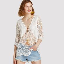 Shein Faux Feather Detail Knot Front Lace Top