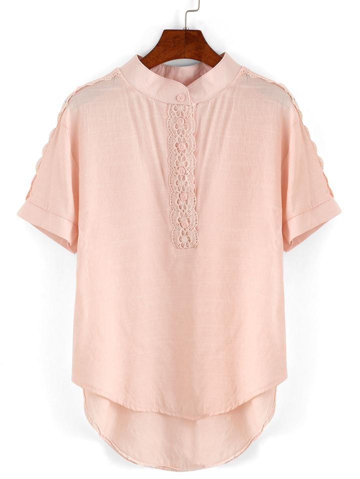 Shein Lace Insert Band Collar High-low Blouse