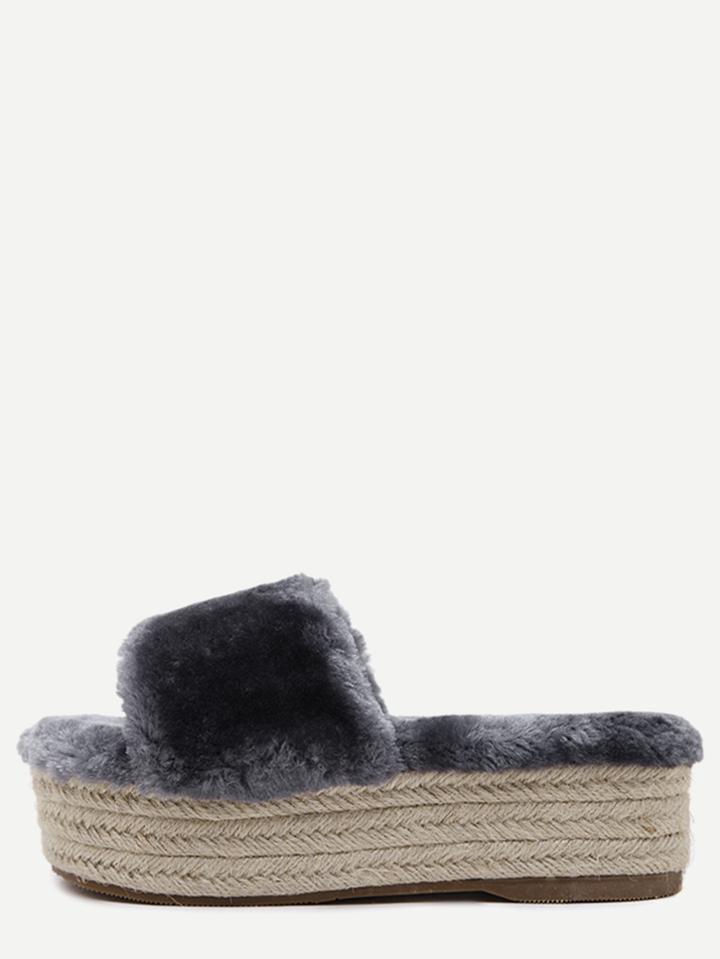 Shein Grey Rabbit Hair Peep Toe Espadrille Platform Slippers