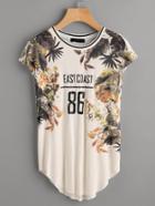 Shein Tropical Print Raw Cut Cap Sleeve Tee