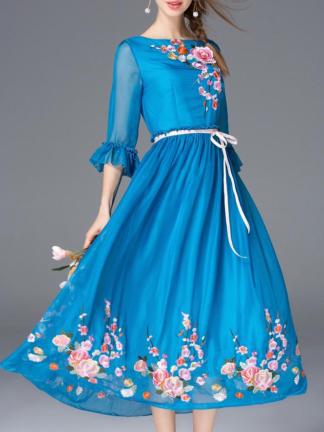 Shein Blue Bell Sleeve Embroidered Tie-waist Dress
