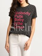 Shein Dark Grey Roll-cuff Letter Print T-shirt