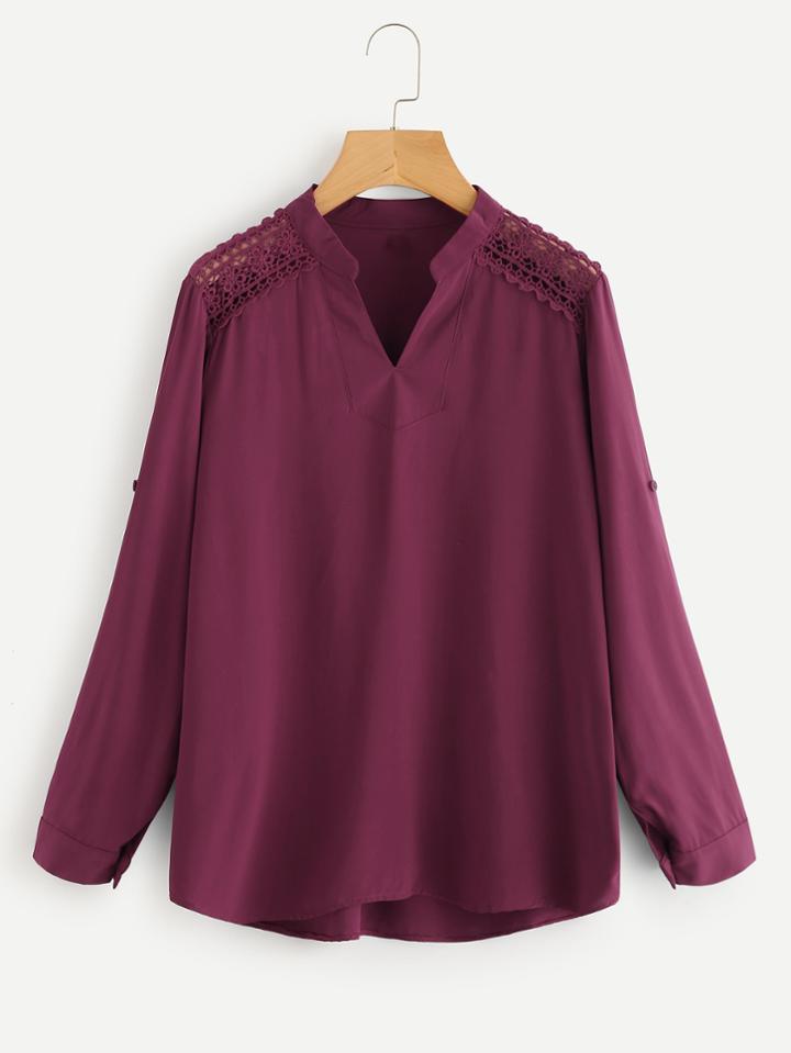 Shein Hollow Crochet Panel Dip Hem Blouse