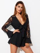 Shein Plunging Knotted Front Lace Sleeve Frill Romper