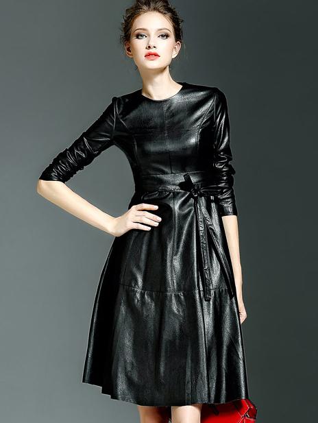 Shein Black Round Neck Long Sleeve Tie-waist Leather Dress