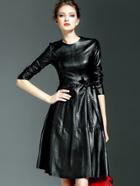 Shein Black Round Neck Long Sleeve Tie-waist Leather Dress