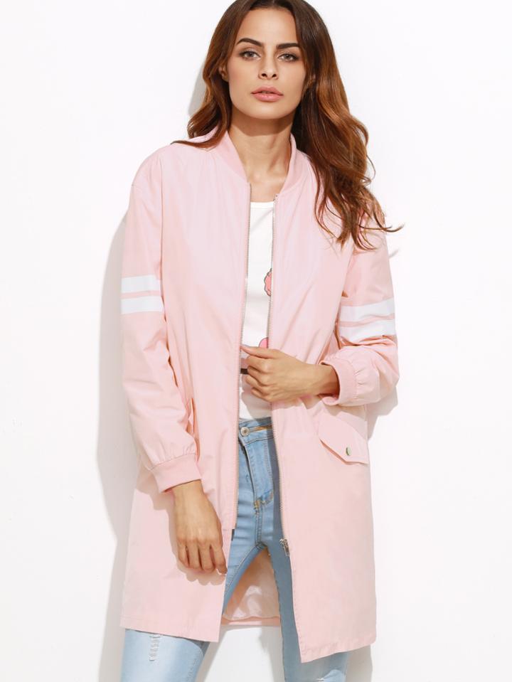 Shein Pink Varsity Striped Sleeve Zip Up Bomber Coat