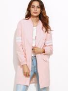 Shein Pink Varsity Striped Sleeve Zip Up Bomber Coat