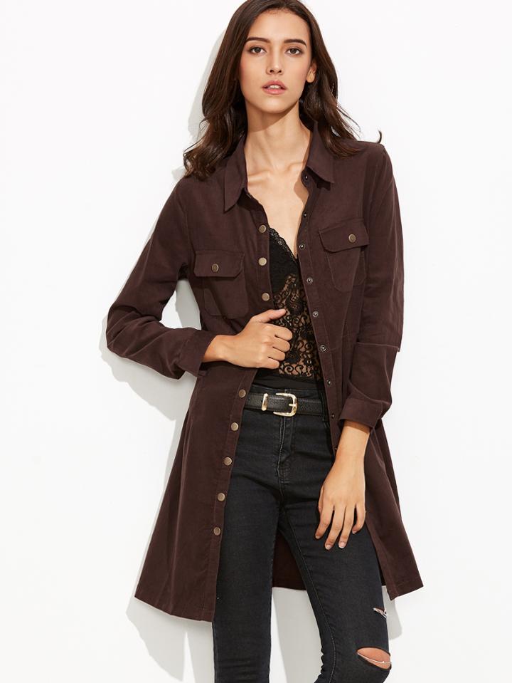 Shein Brown Button Front Coat With Pockets
