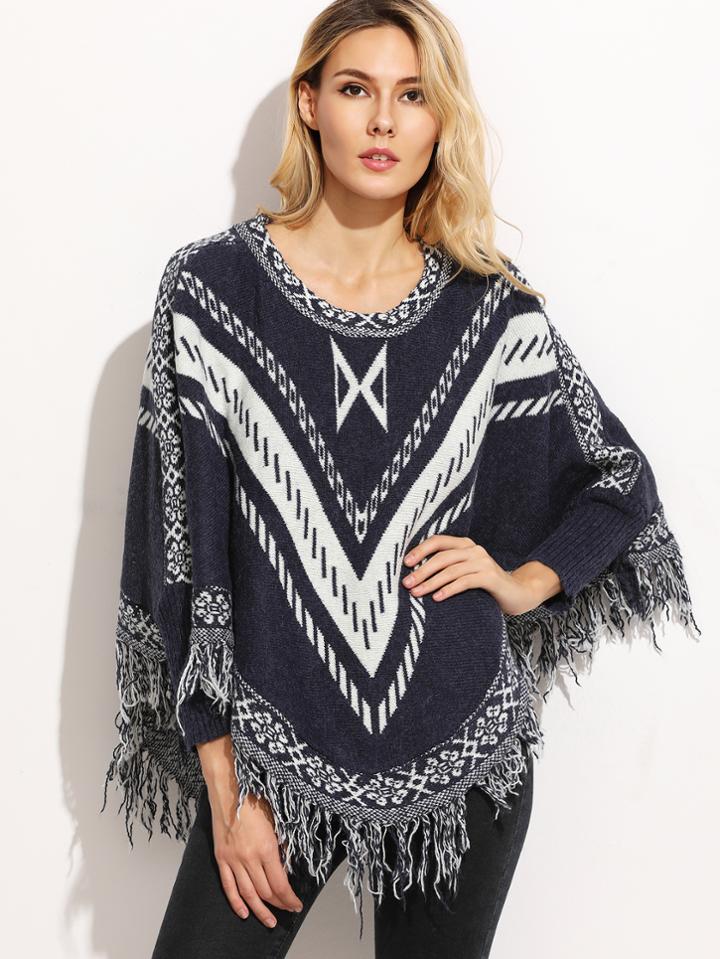 Shein Navy Tribal Print Fringe Hem Asymmetric Poncho Sweater