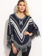Shein Navy Tribal Print Fringe Hem Asymmetric Poncho Sweater